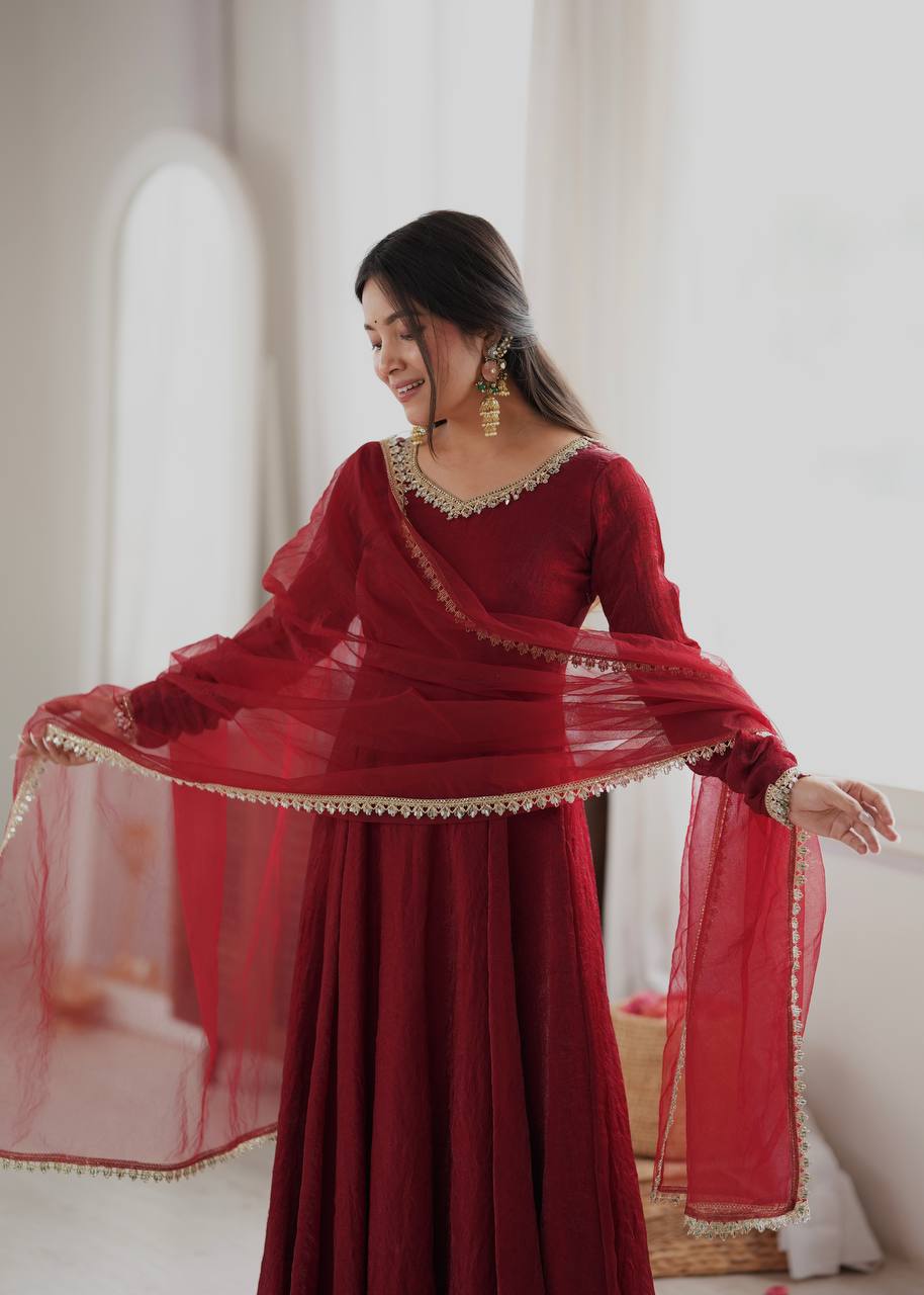 Maroon Crush Mirror Work Gown Set with Butterfly Net Dupatta