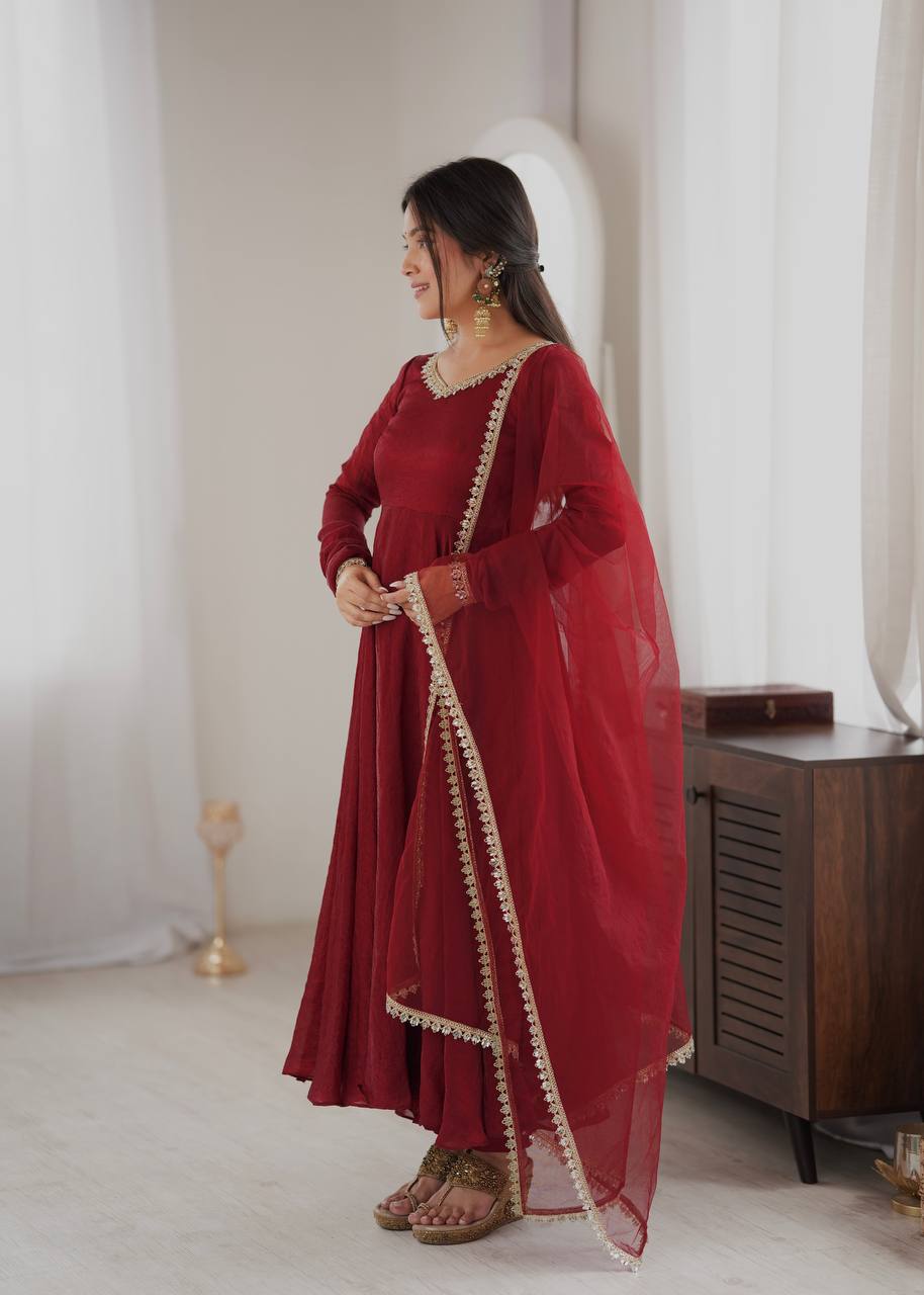Maroon Crush Mirror Work Gown Set with Butterfly Net Dupatta