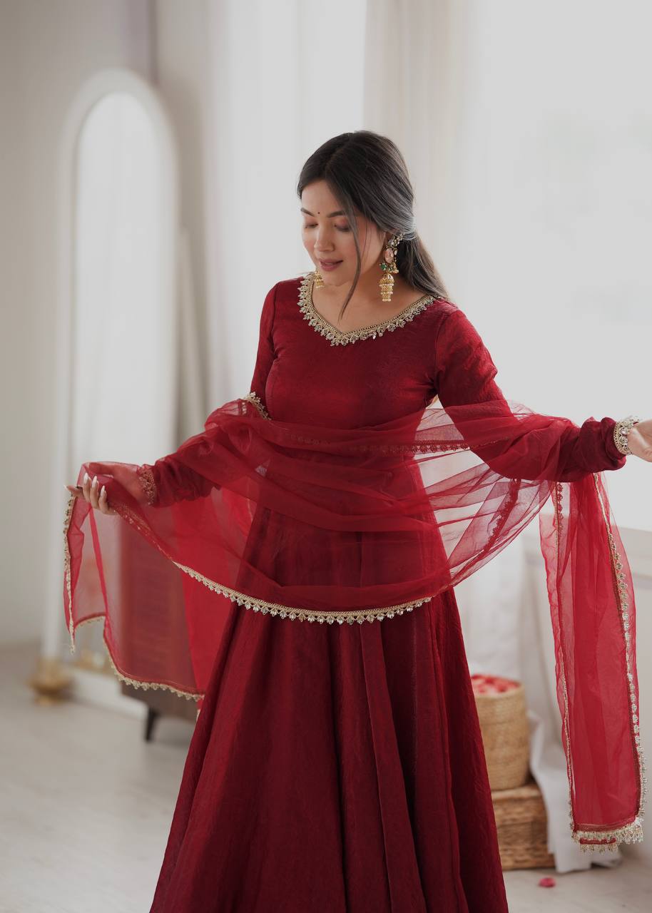 Maroon Crush Mirror Work Gown Set with Butterfly Net Dupatta