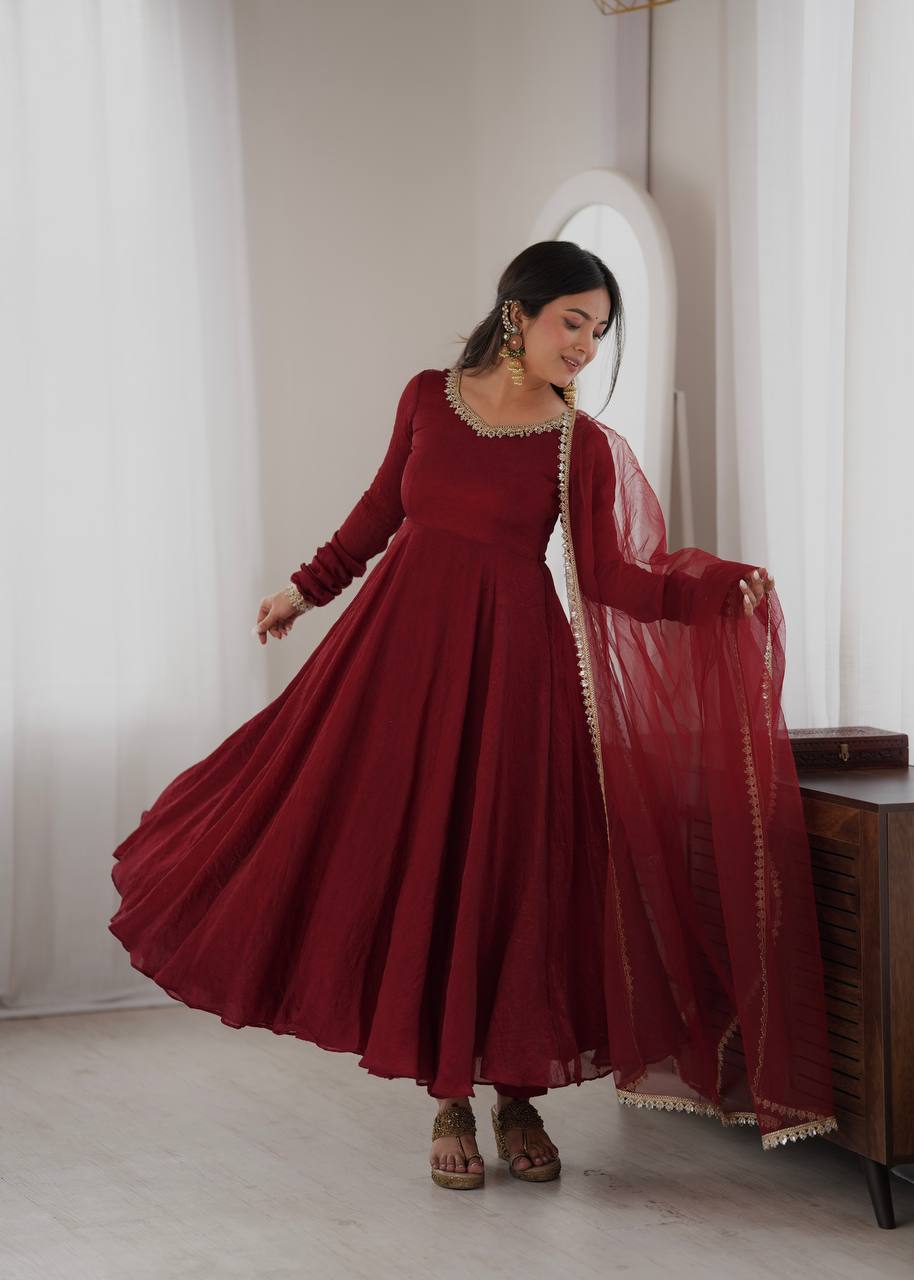 Maroon Crush Mirror Work Gown Set with Butterfly Net Dupatta