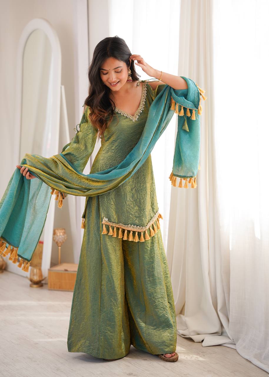 Olive Green Doremon Crush Mirror Work Kurta Palazzo Set