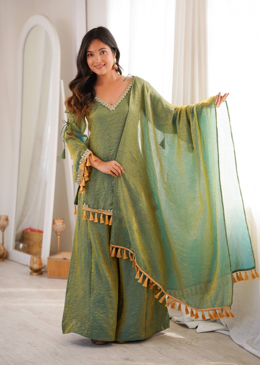 Beige Gold Crush Mirror Work Kurta Palazzo Set with Dupatta