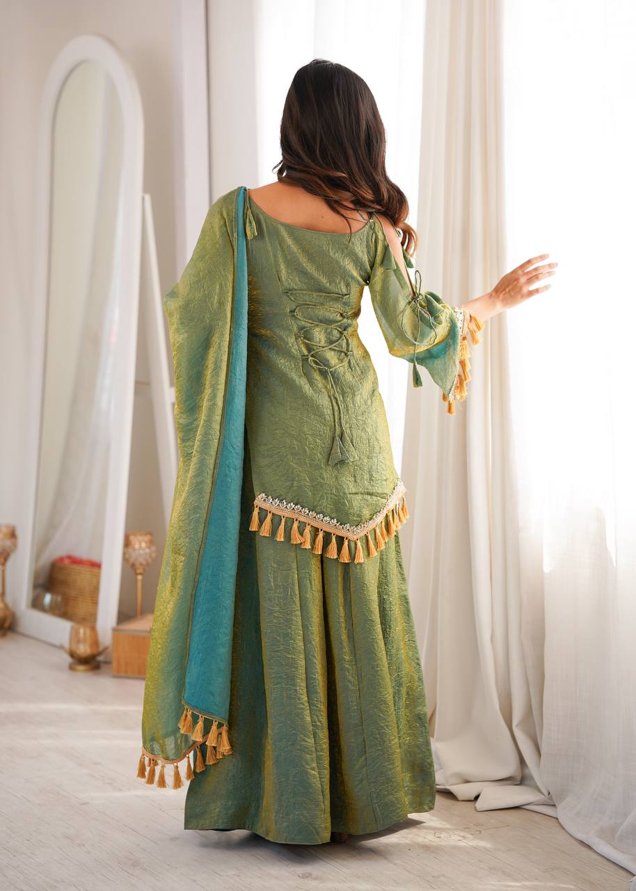 Olive Green Doremon Crush Mirror Work Kurta Palazzo Set