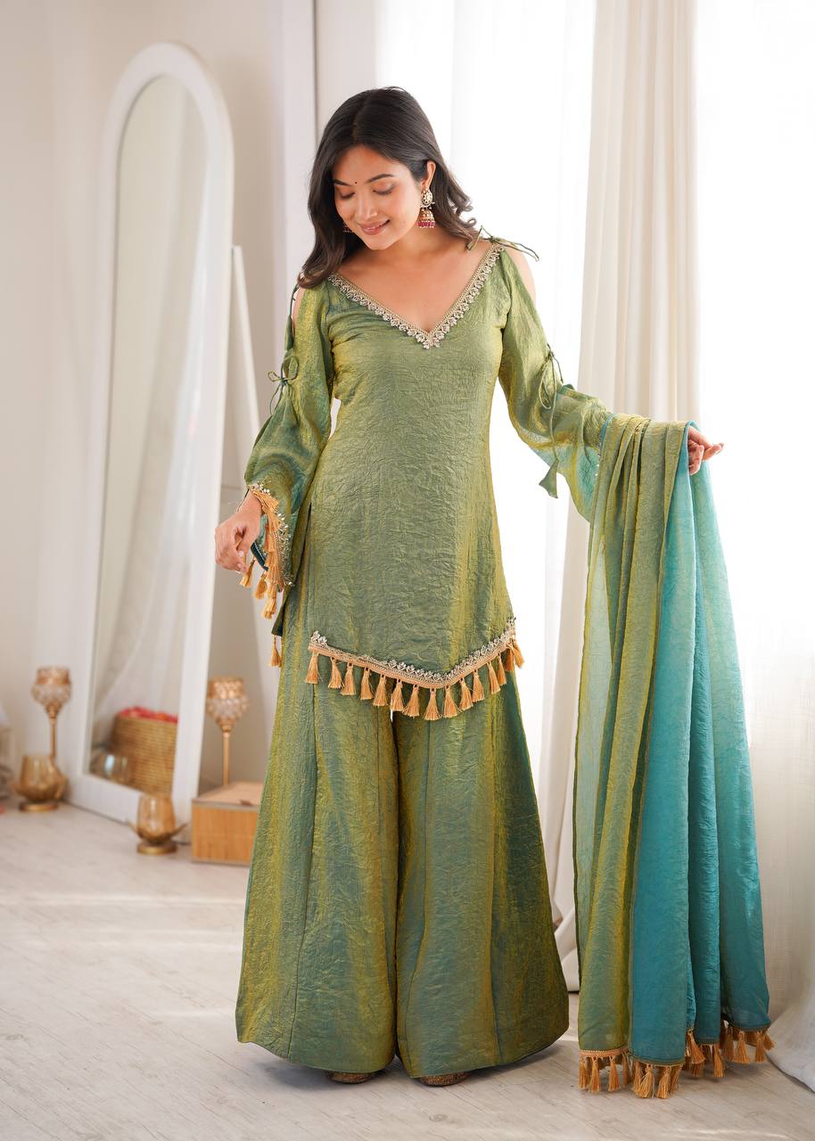 Beige Gold Crush Mirror Work Kurta Palazzo Set with Dupatta