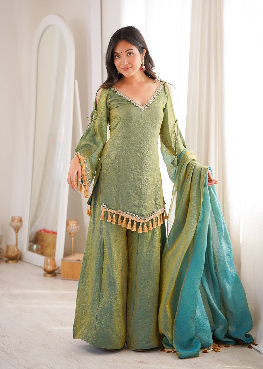Olive Green Doremon Crush Mirror Work Kurta Palazzo Set