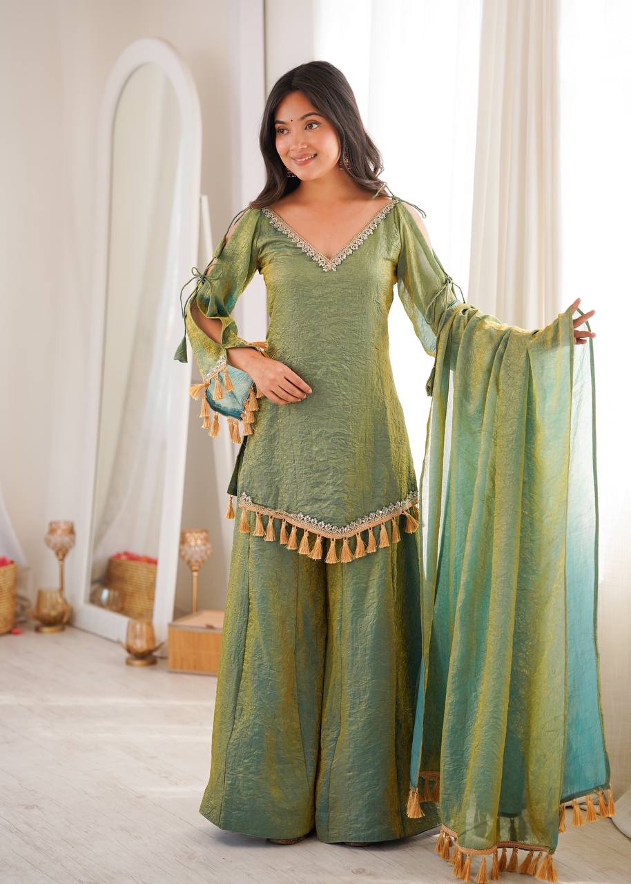 Olive Green Doremon Crush Mirror Work Kurta Palazzo Set