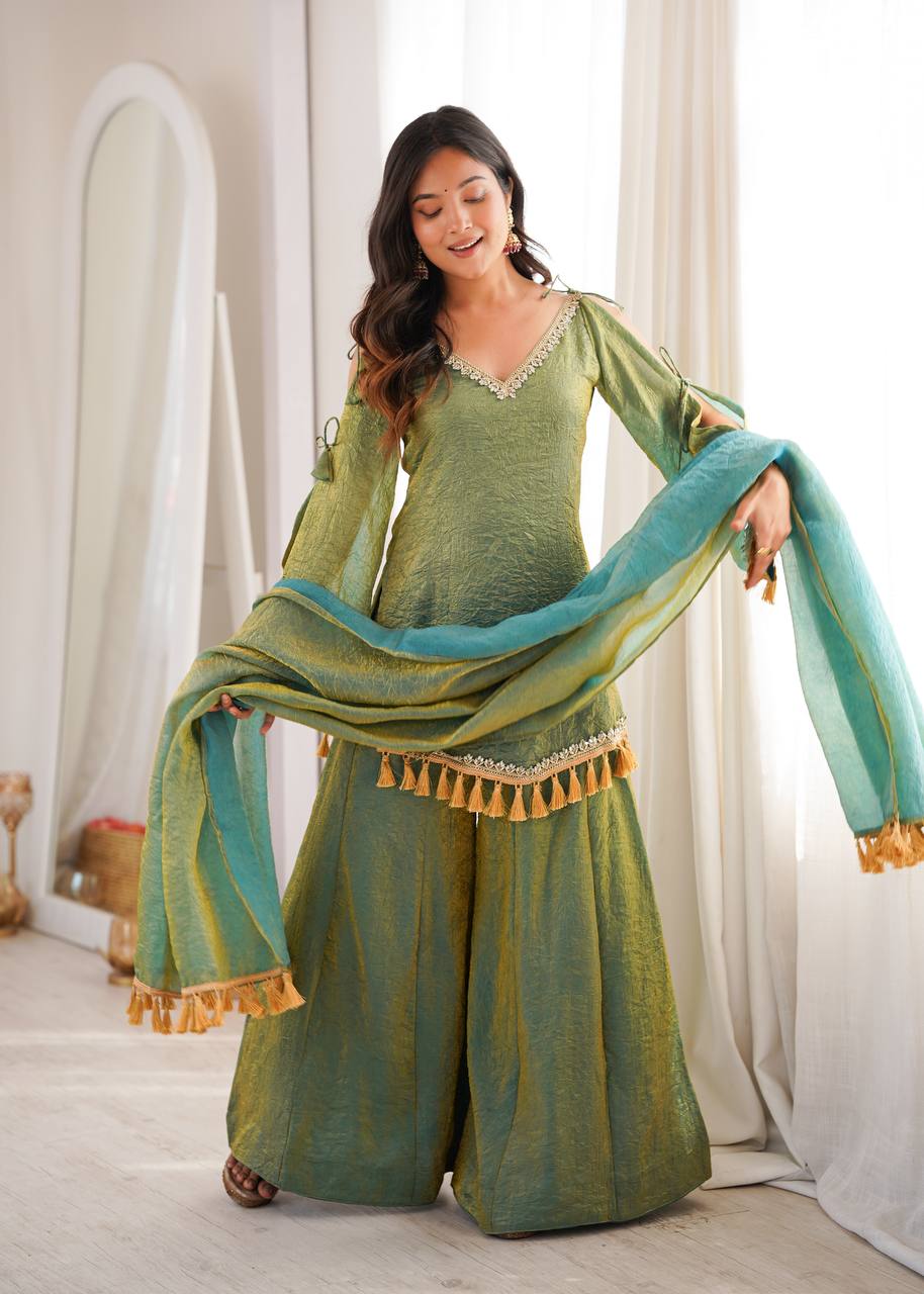 Olive Green Doremon Crush Mirror Work Kurta Palazzo Set