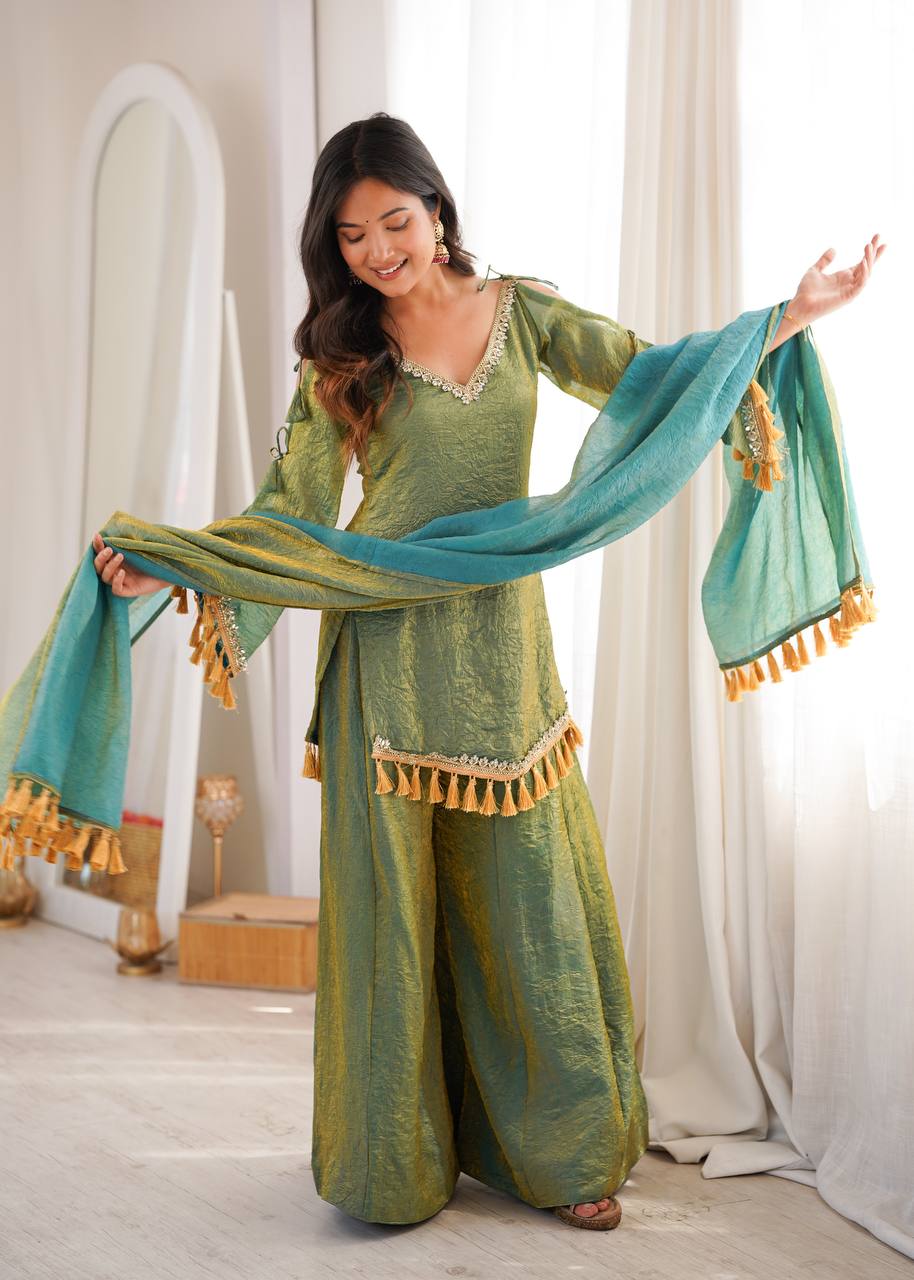 Olive Green Doremon Crush Mirror Work Kurta Palazzo Set