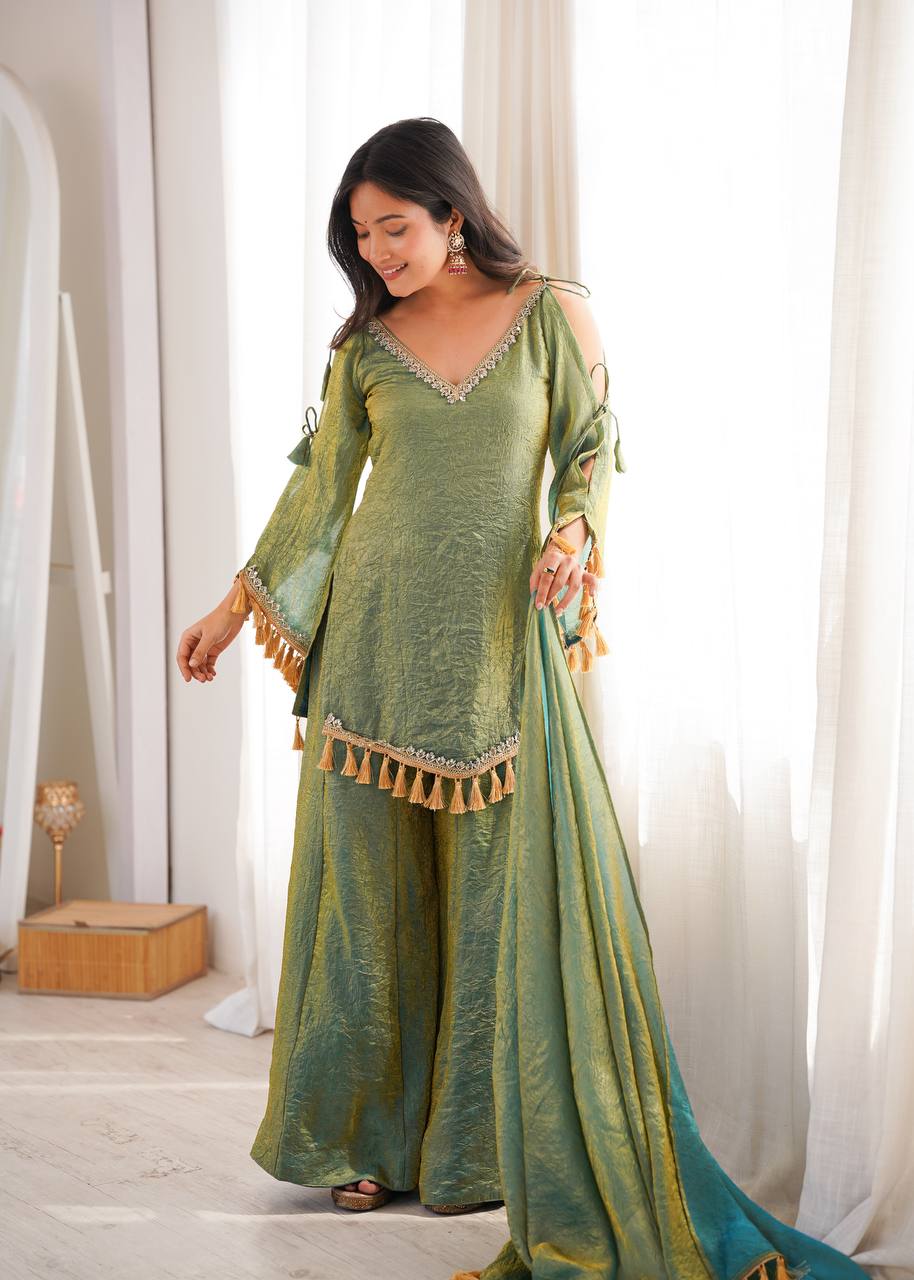 Olive Green Doremon Crush Mirror Work Kurta Palazzo Set