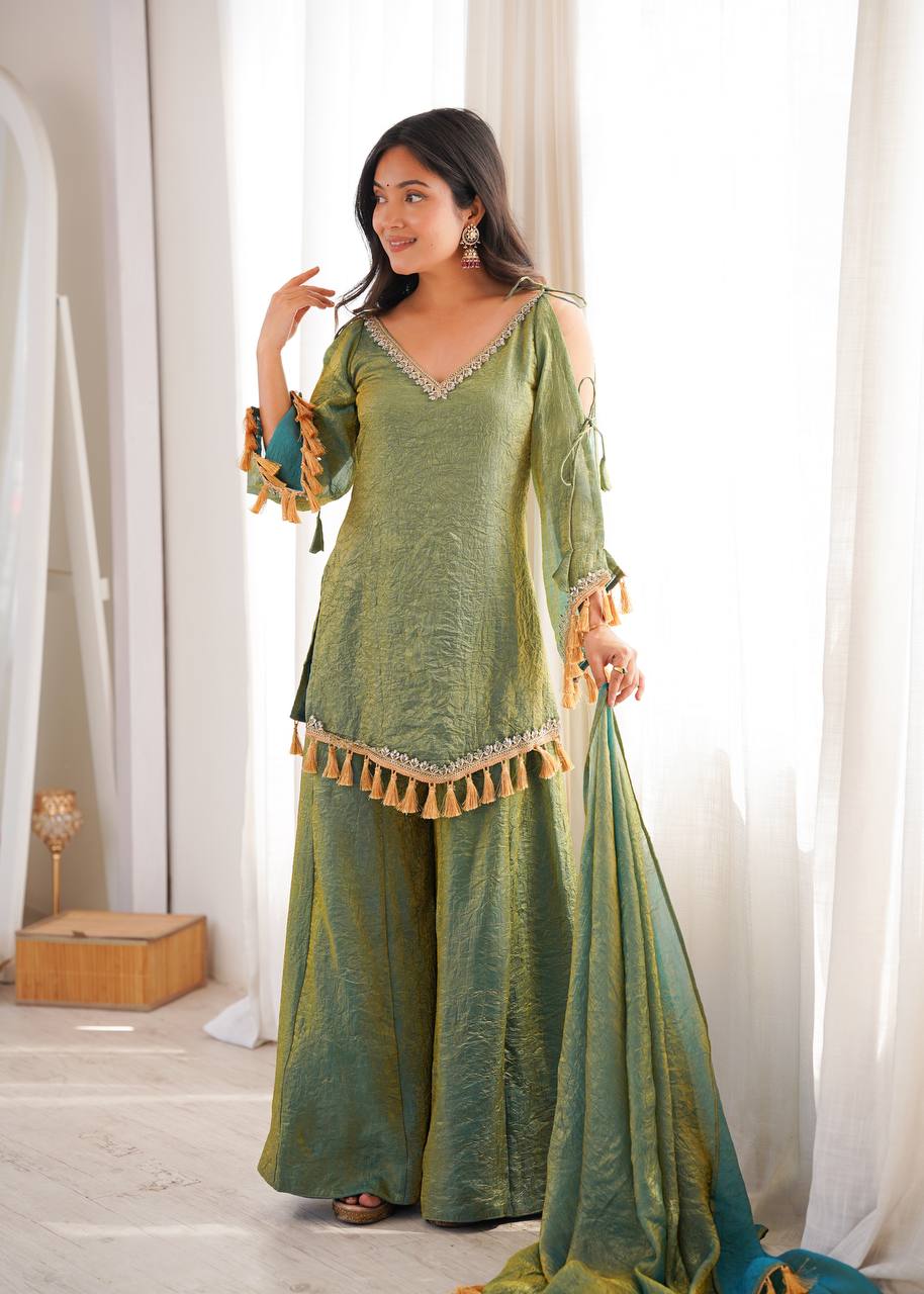 Olive Green Doremon Crush Mirror Work Kurta Palazzo Set
