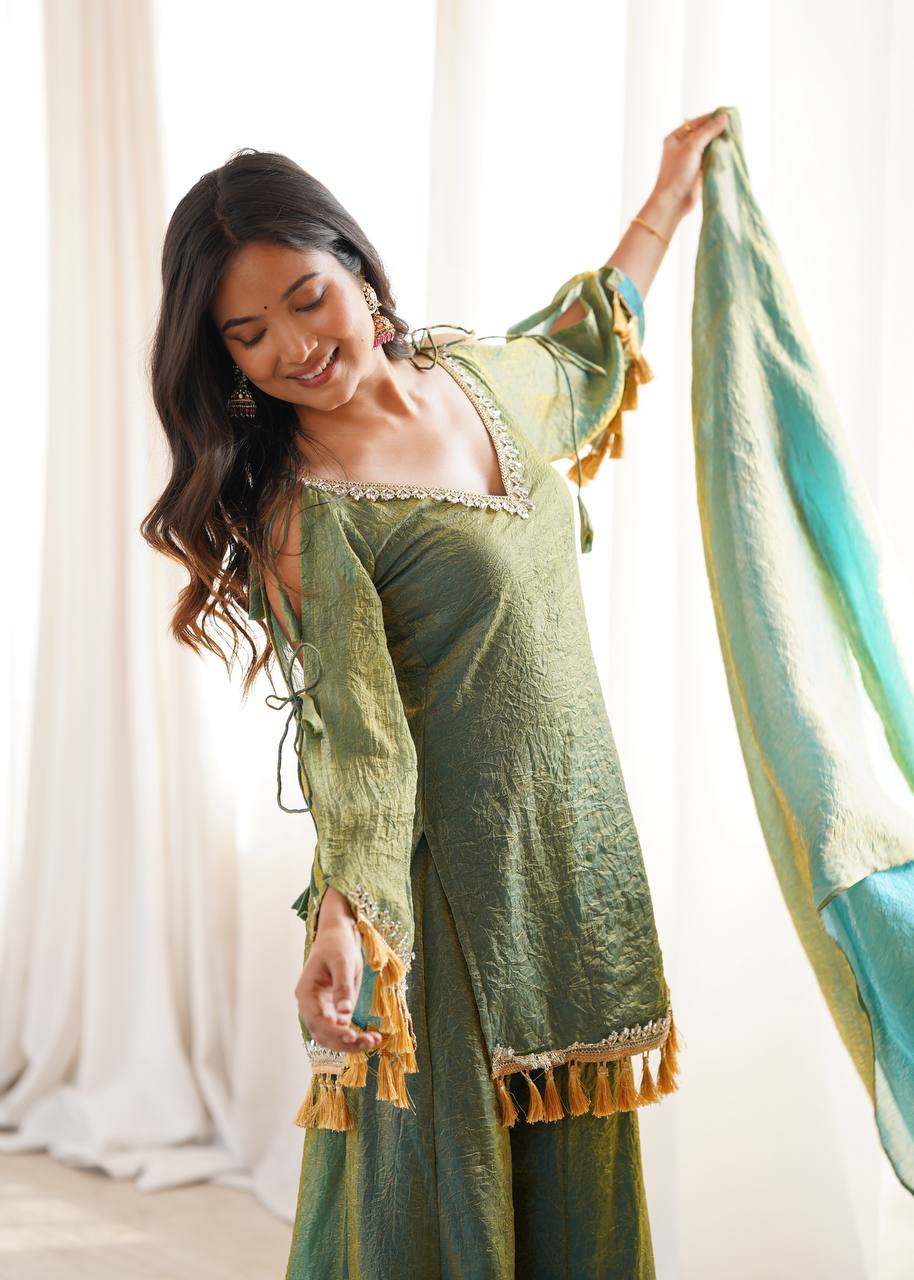 Olive Green Doremon Crush Mirror Work Kurta Palazzo Set