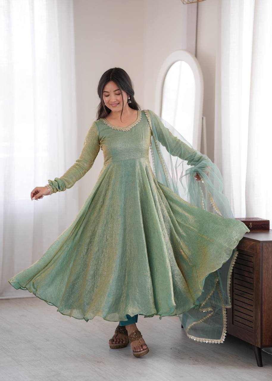 Golden Beige Crush Anarkali Gown with Mirror Work Dupatta