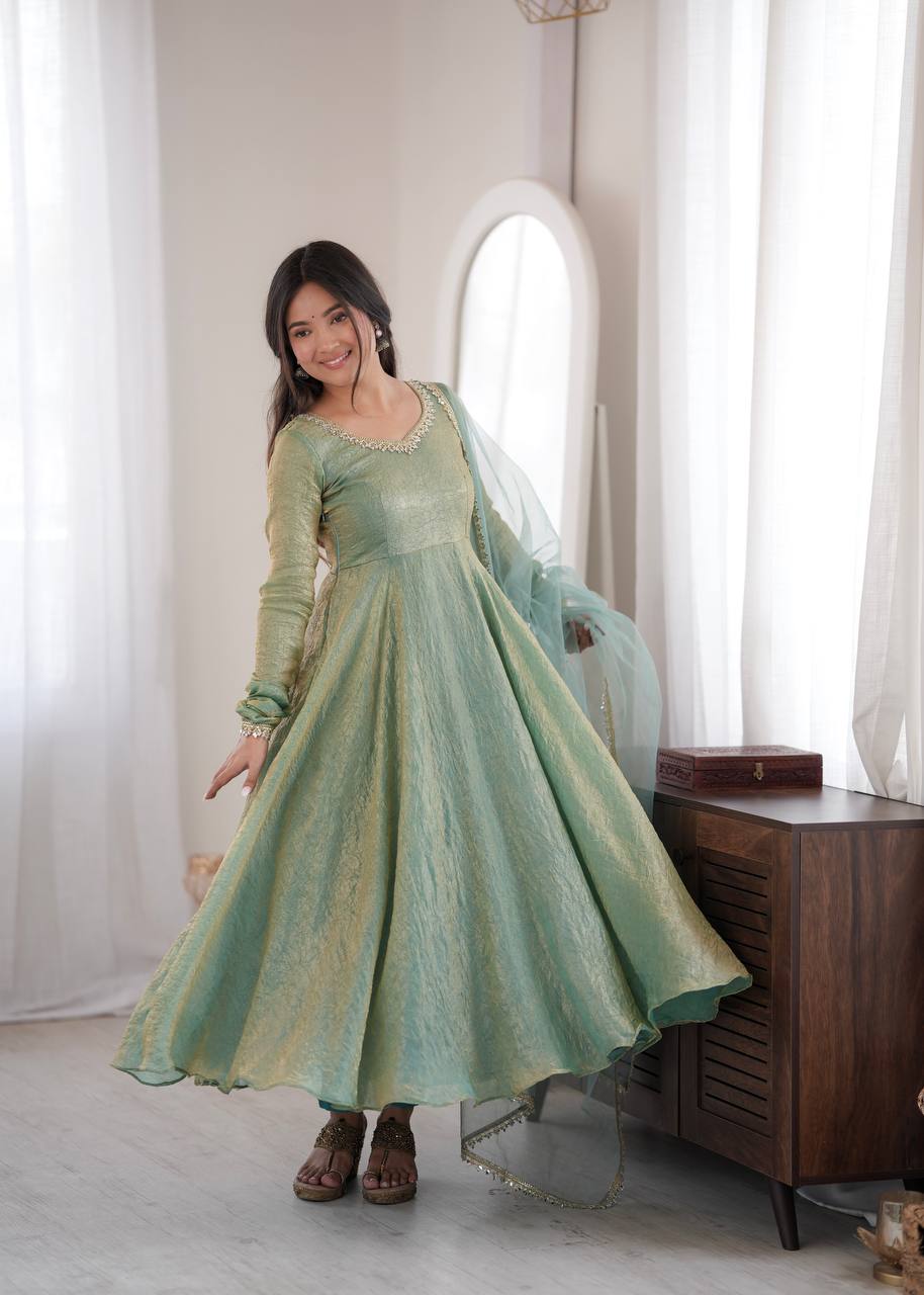 Mint Green Crush Mirror Work Gown Set with Butterfly Net Dupatta