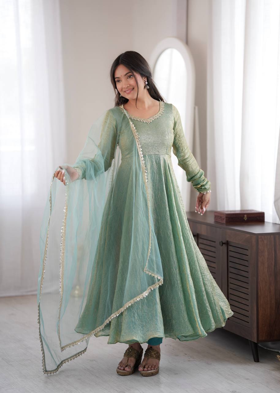 Golden Beige Crush Anarkali Gown with Mirror Work Dupatta