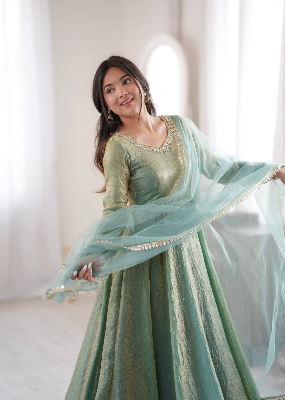 Mint Green Crush Mirror Work Gown Set with Butterfly Net Dupatta