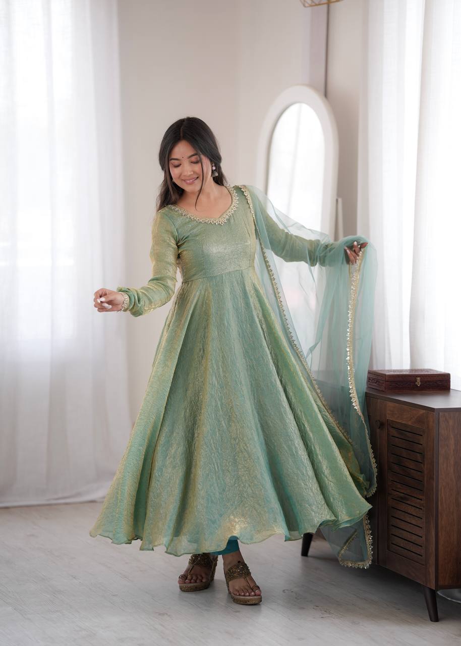 Mint Green Crush Mirror Work Gown Set with Butterfly Net Dupatta