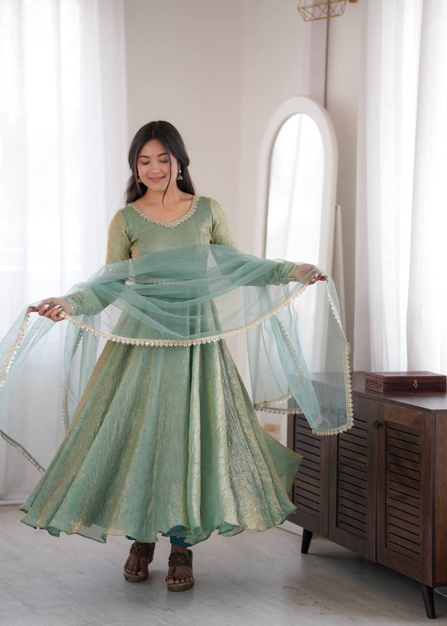 Mint Green Crush Mirror Work Gown Set with Butterfly Net Dupatta