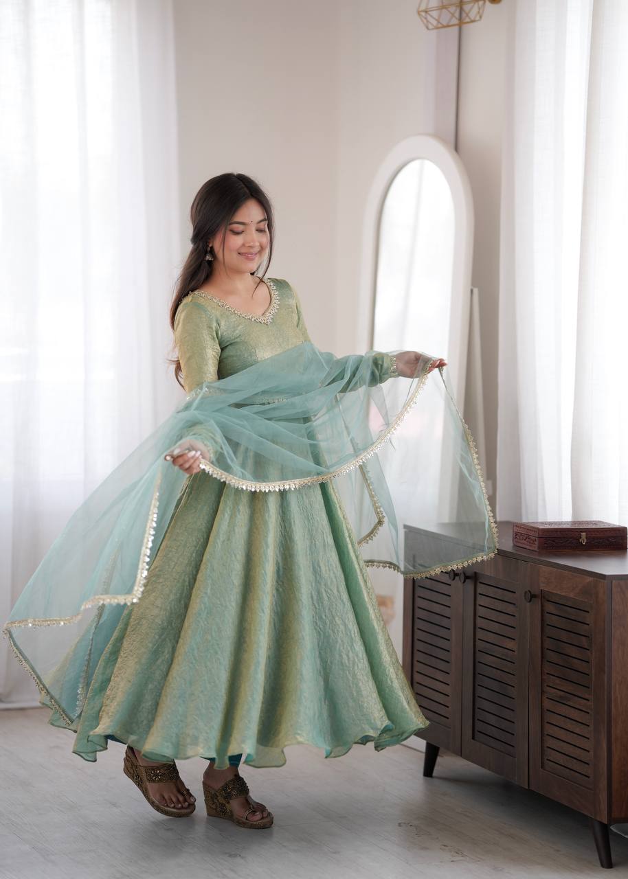 Golden Beige Crush Anarkali Gown with Mirror Work Dupatta