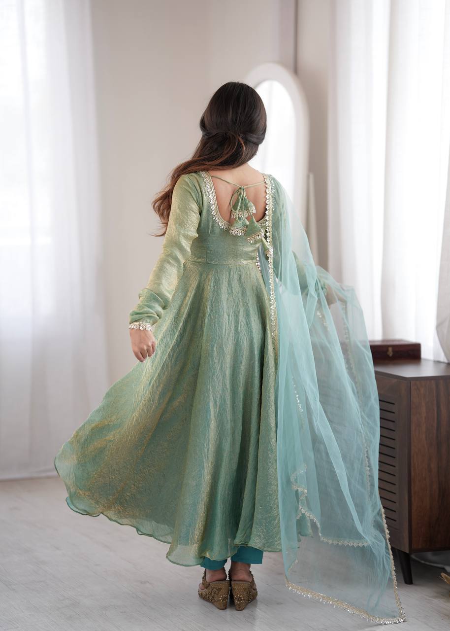 Mint Green Crush Mirror Work Gown Set with Butterfly Net Dupatta