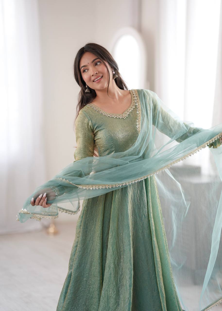 Mint Green Crush Mirror Work Gown Set with Butterfly Net Dupatta