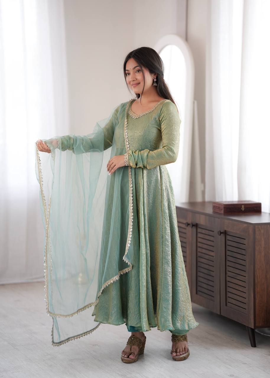 Golden Beige Crush Anarkali Gown with Mirror Work Dupatta
