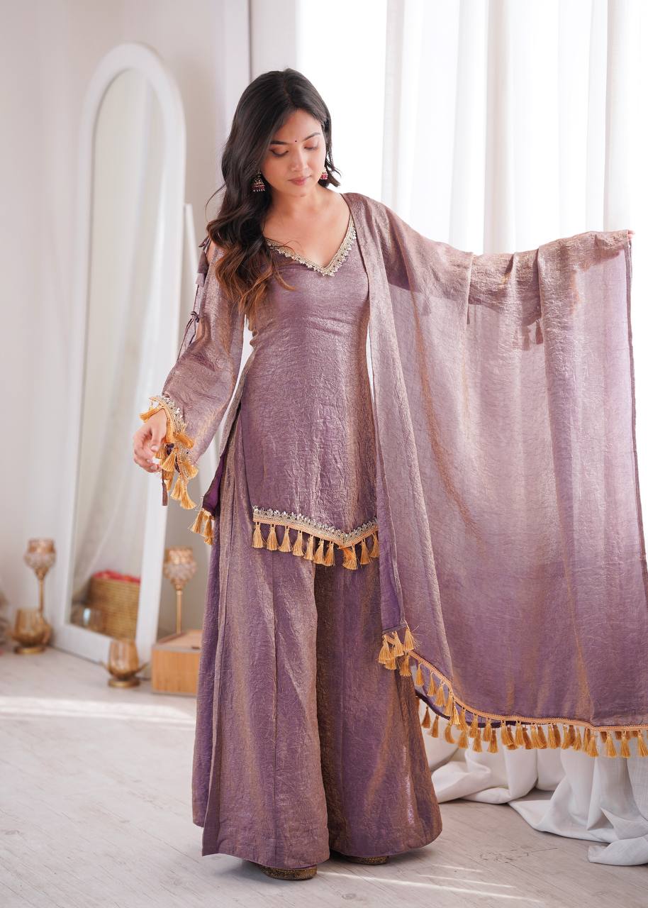 Lavender Doremon Crush Mirror Work Kurta Palazzo Set