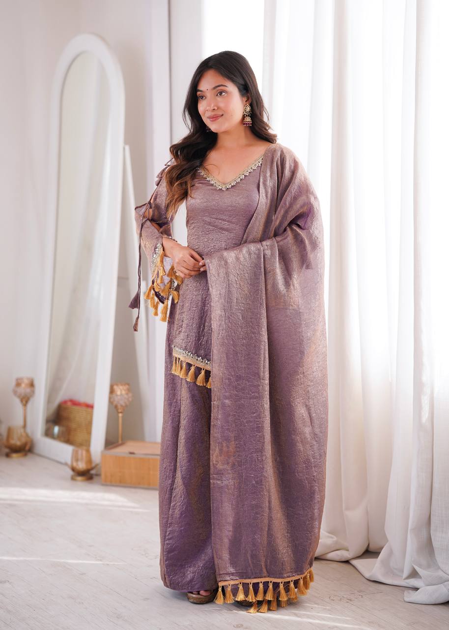 Lavender Doremon Crush Mirror Work Kurta Palazzo Set