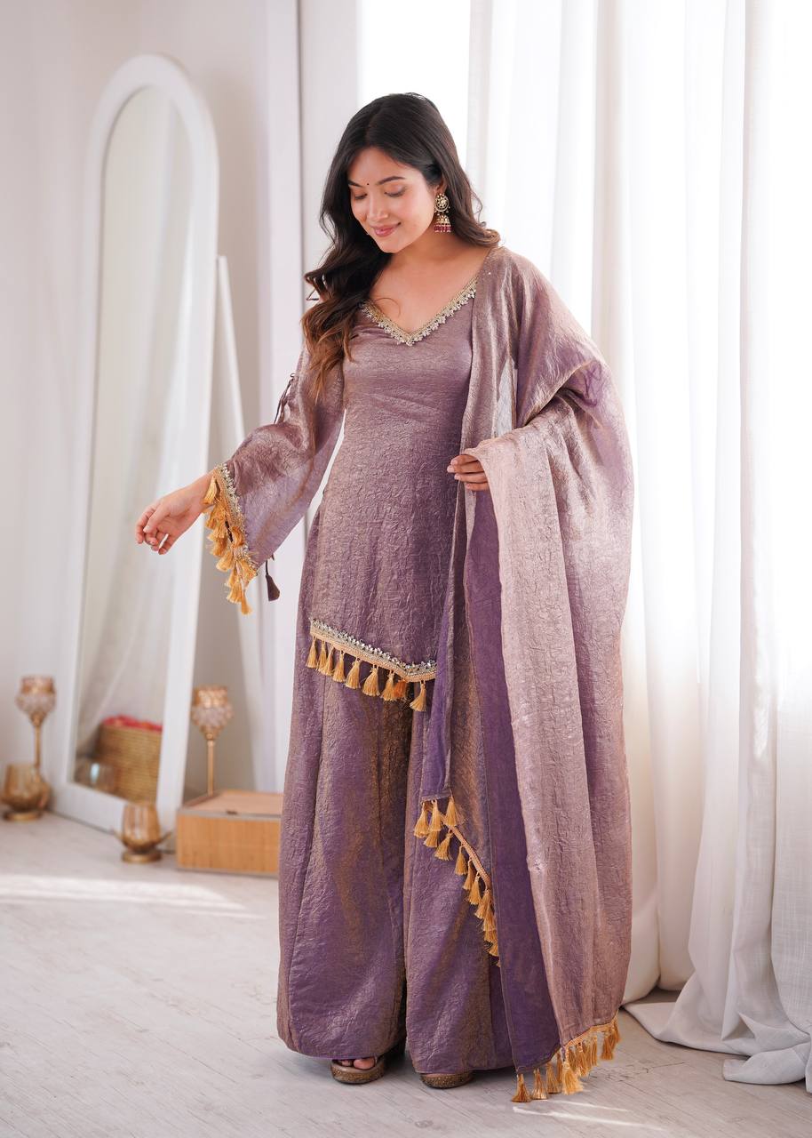 Lavender Doremon Crush Mirror Work Kurta Palazzo Set