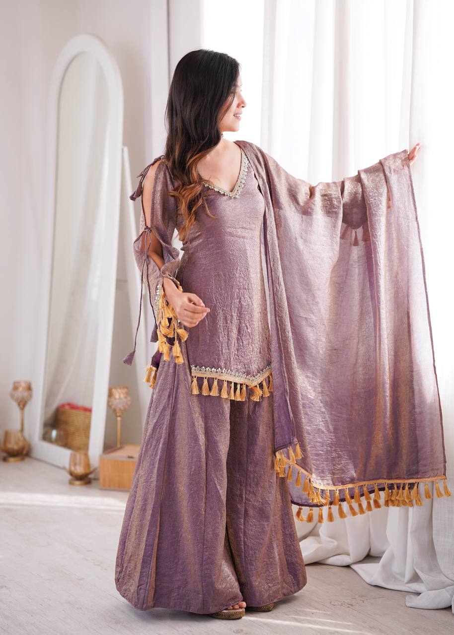 Lavender Doremon Crush Mirror Work Kurta Palazzo Set