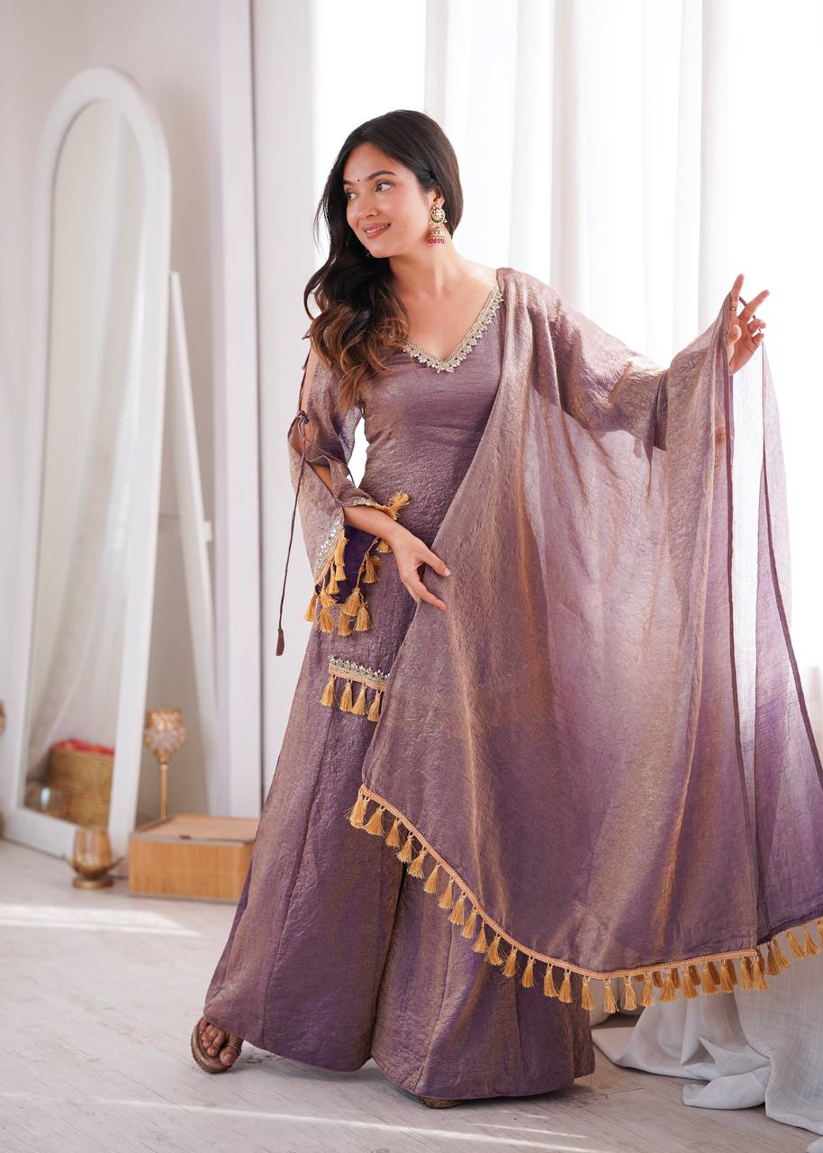 Beige Gold Crush Mirror Work Kurta Palazzo Set with Dupatta