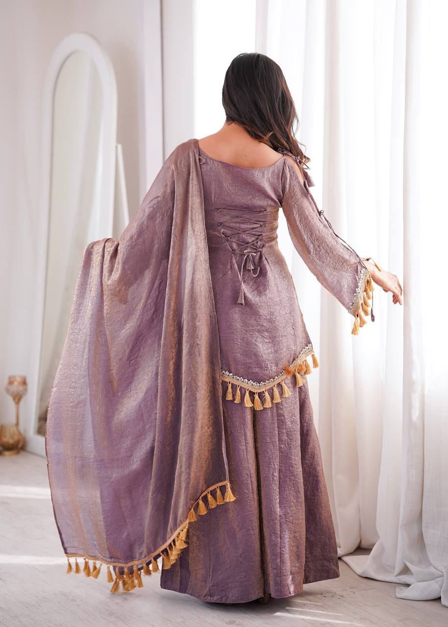 Lavender Doremon Crush Mirror Work Kurta Palazzo Set