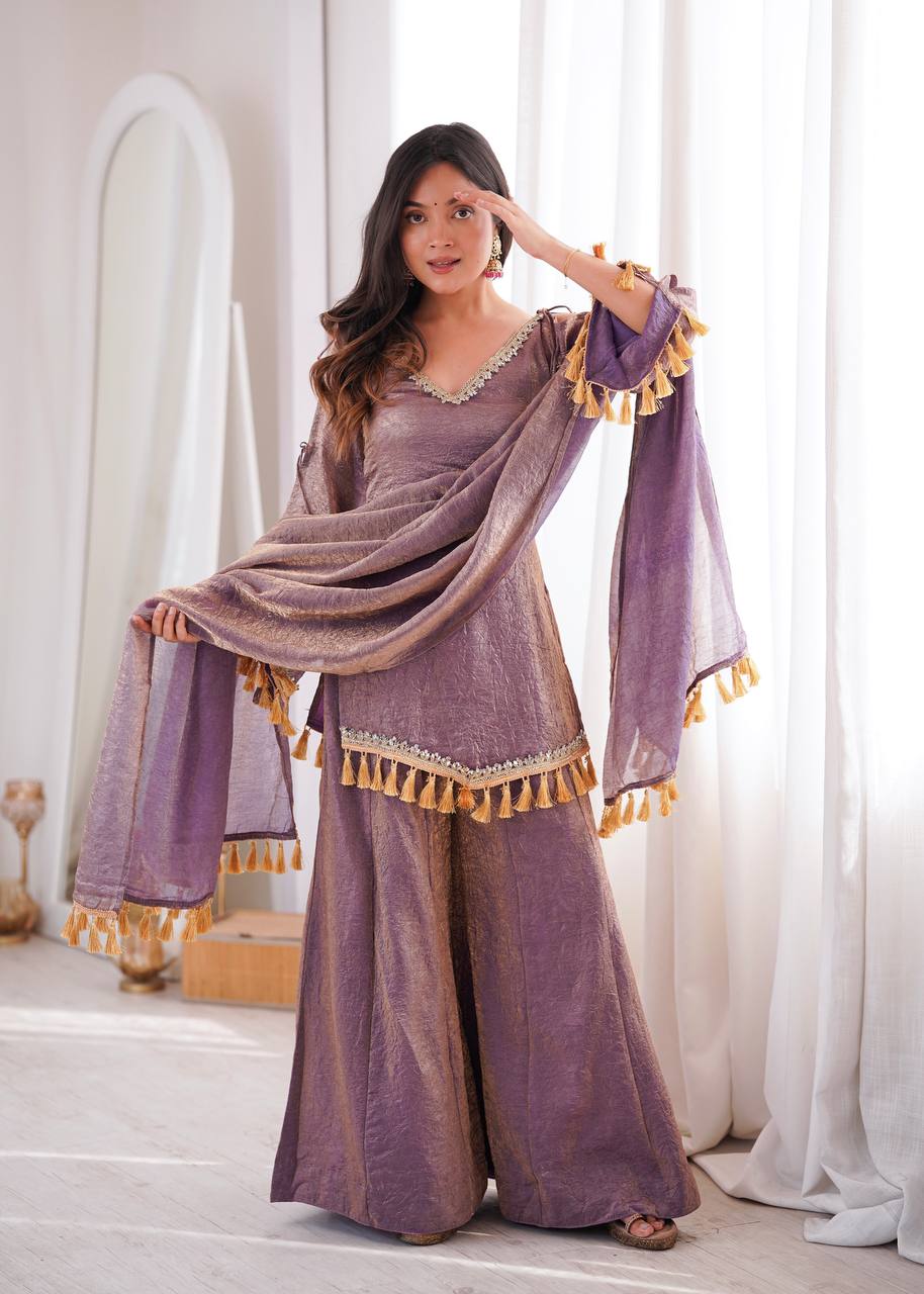 Lavender Doremon Crush Mirror Work Kurta Palazzo Set