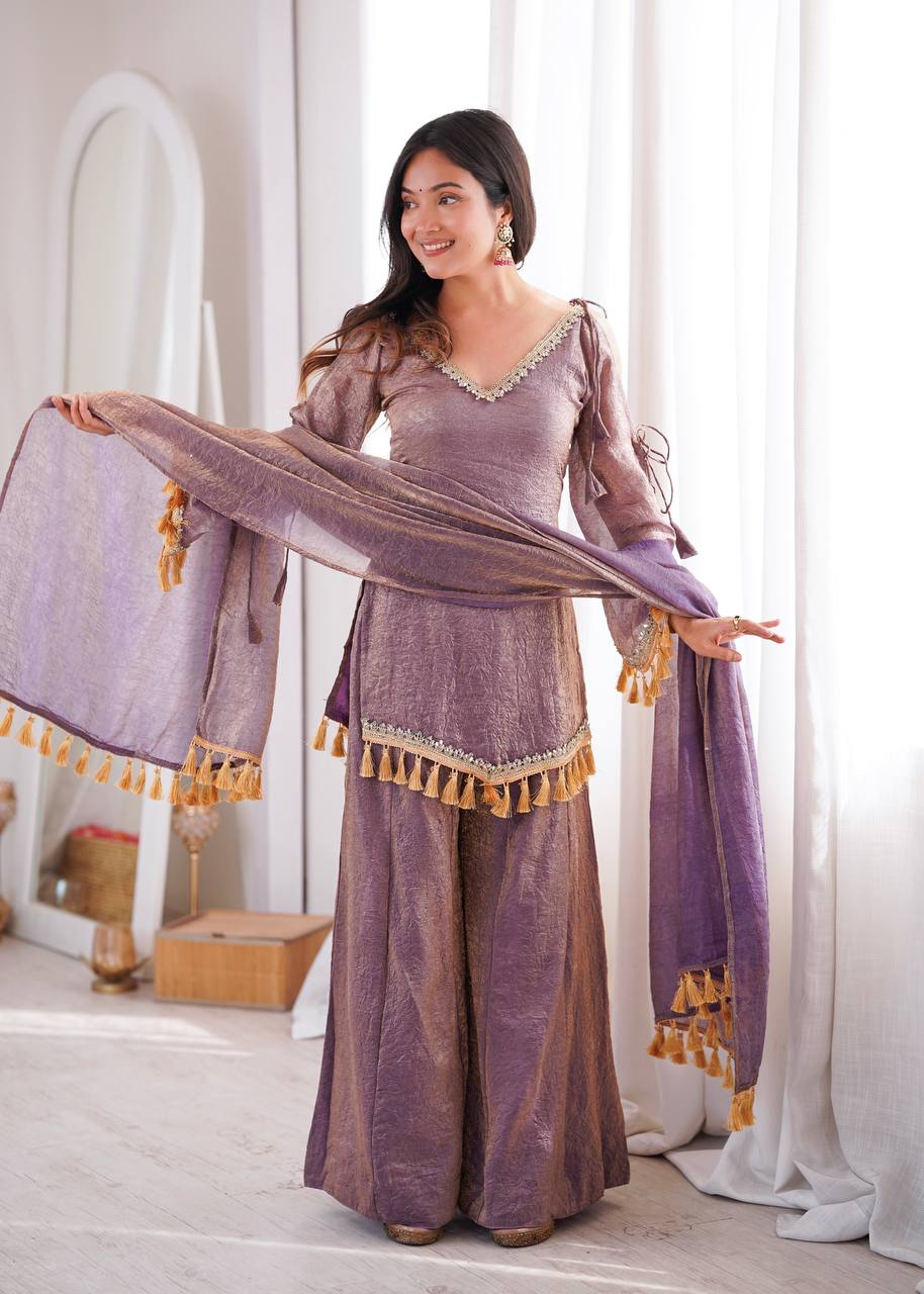 Lavender Doremon Crush Mirror Work Kurta Palazzo Set