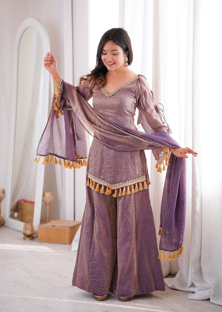 Lavender Doremon Crush Mirror Work Kurta Palazzo Set