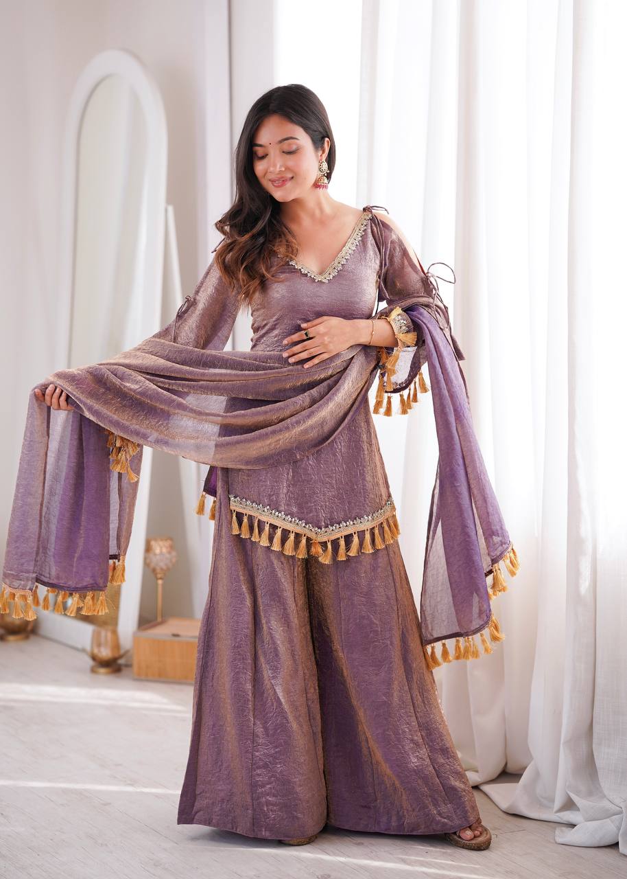 Lavender Doremon Crush Mirror Work Kurta Palazzo Set