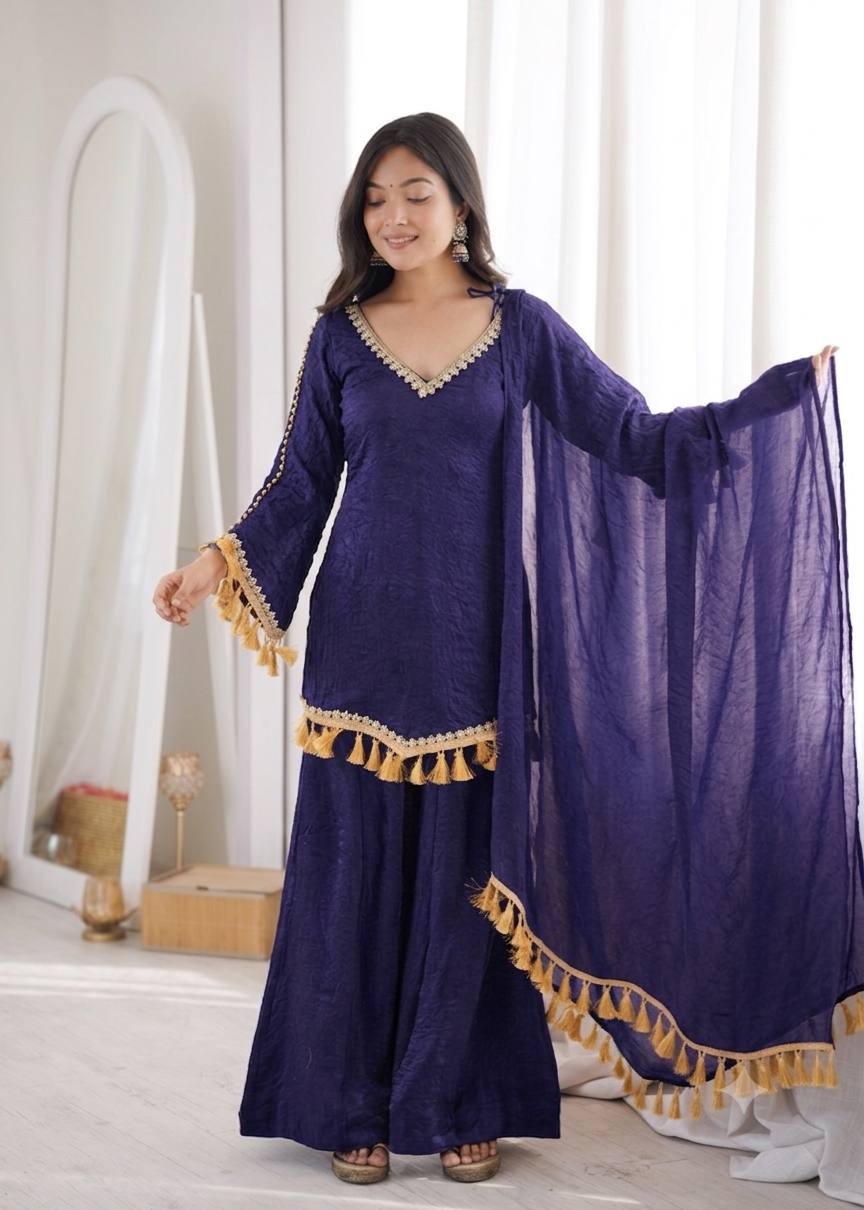 Beige Gold Crush Mirror Work Kurta Palazzo Set with Dupatta
