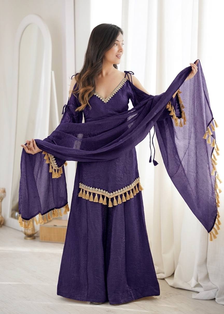 Purple Doremon Crush Mirror Work Kurta Palazzo Set