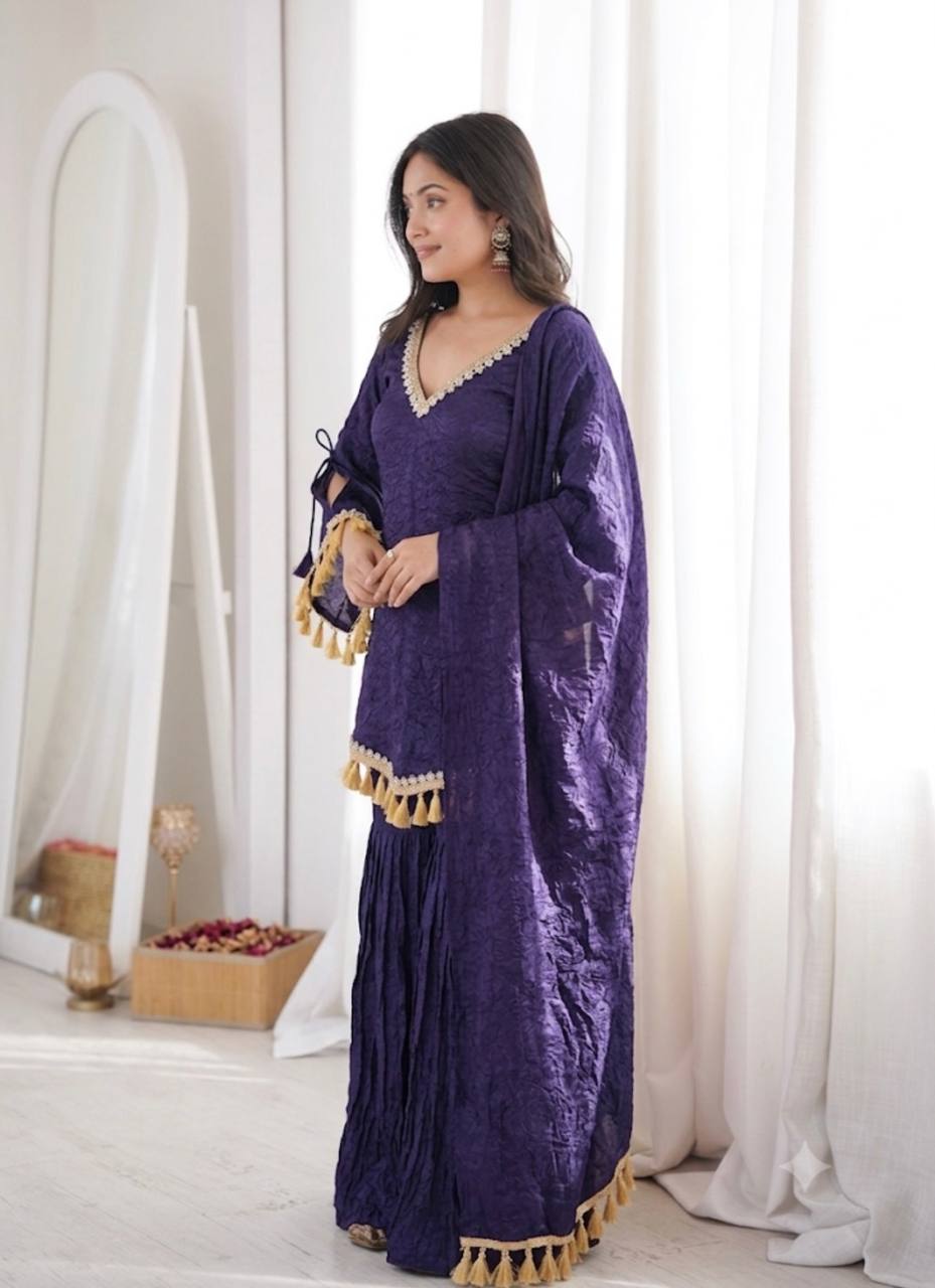 Purple Doremon Crush Mirror Work Kurta Palazzo Set