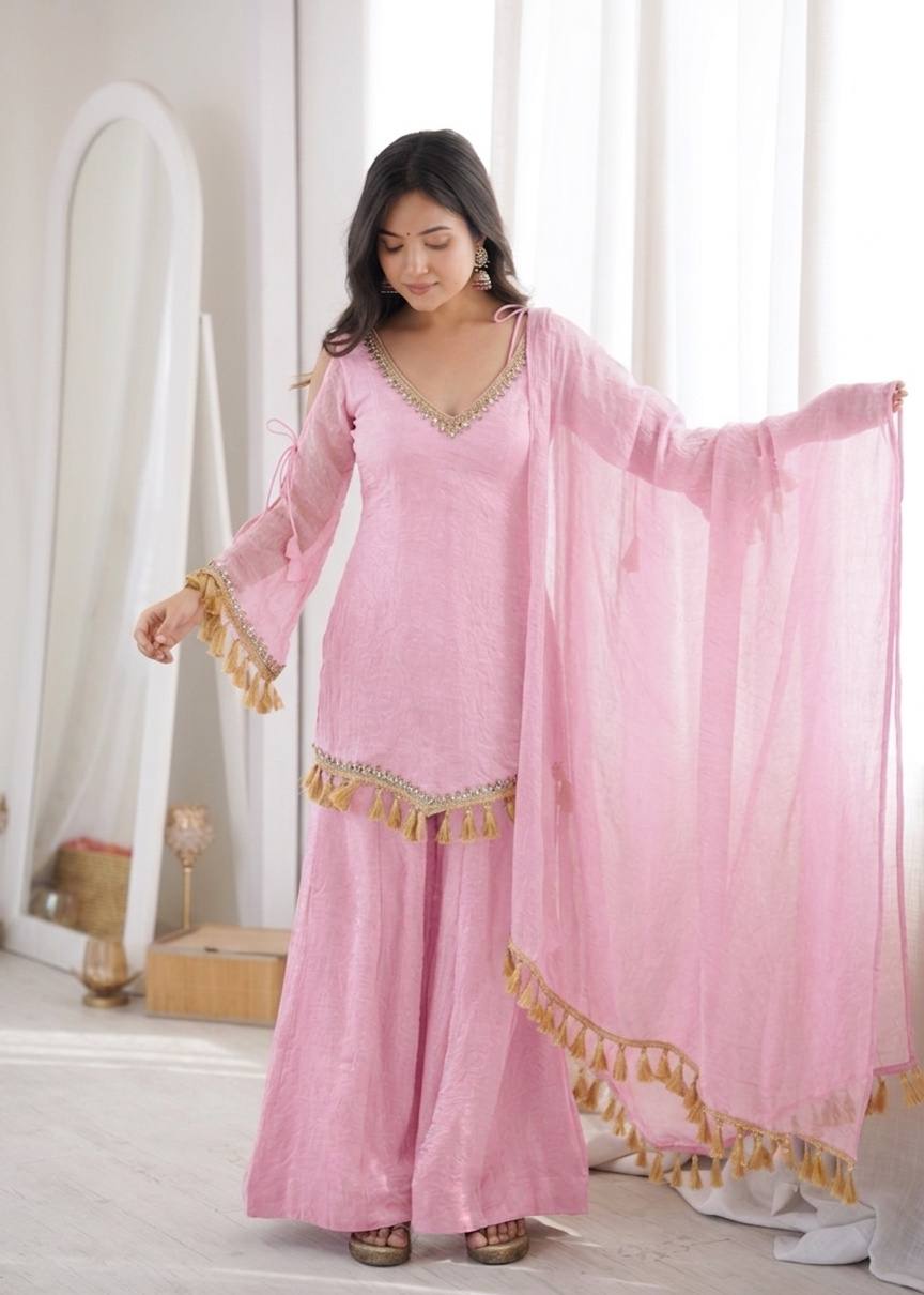 Baby Pink Doremon Crush Mirror Work Kurta Palazzo Set