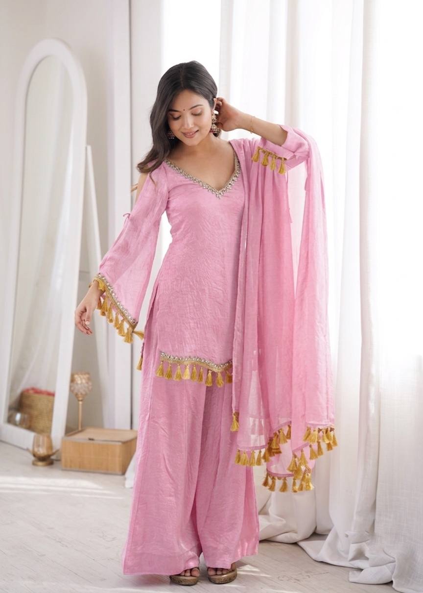 Baby Pink Doremon Crush Mirror Work Kurta Palazzo Set