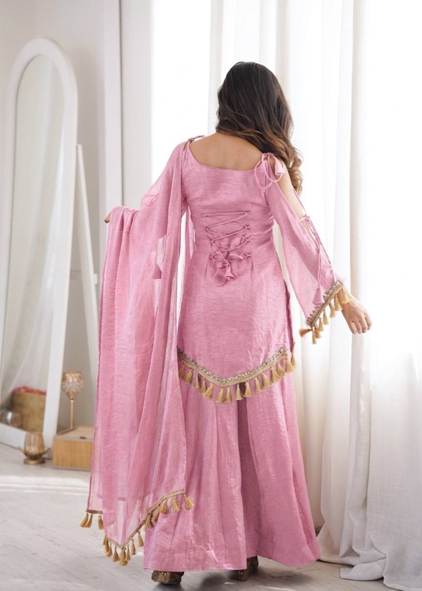 Baby Pink Doremon Crush Mirror Work Kurta Palazzo Set
