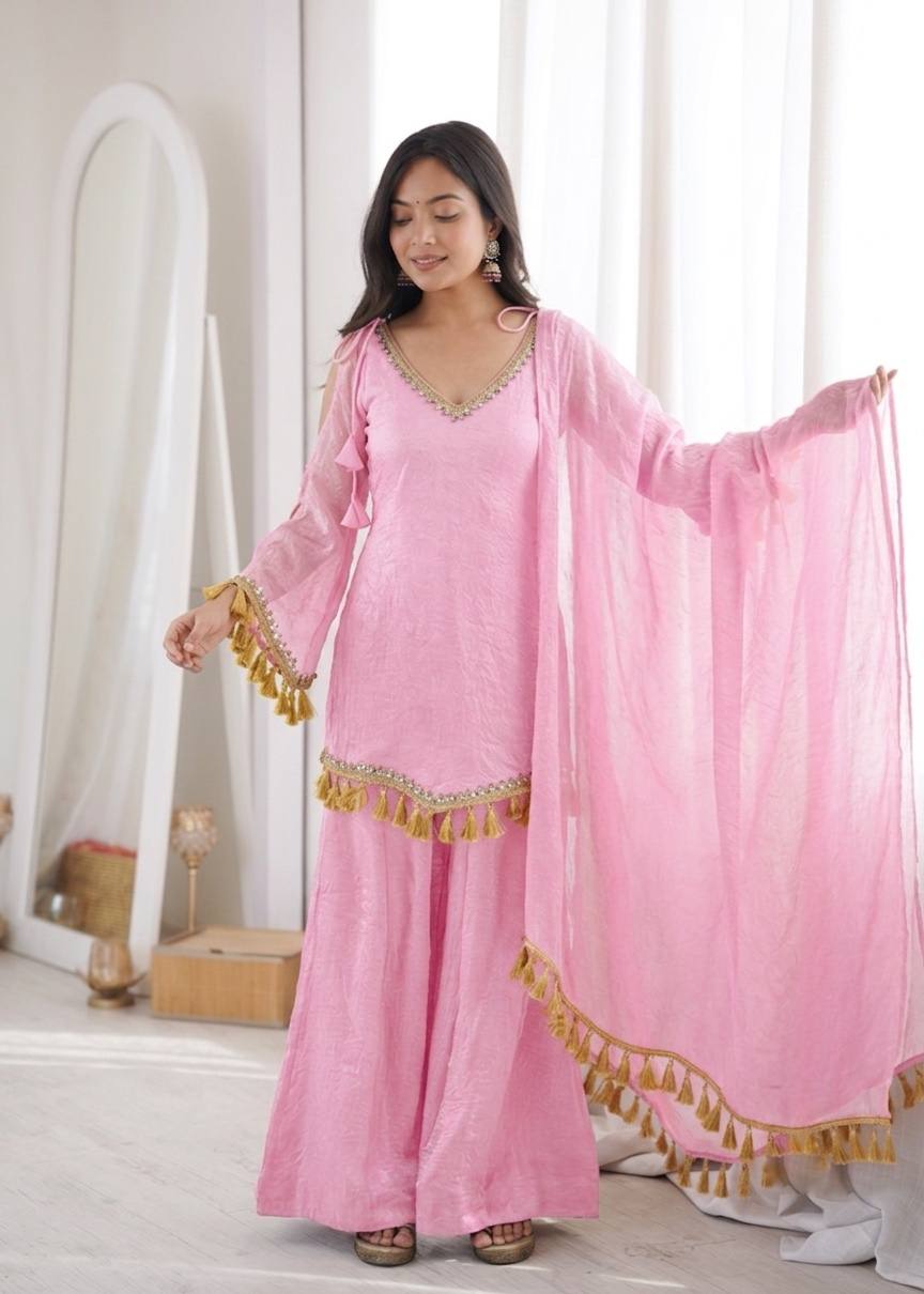 Baby Pink Doremon Crush Mirror Work Kurta Palazzo Set