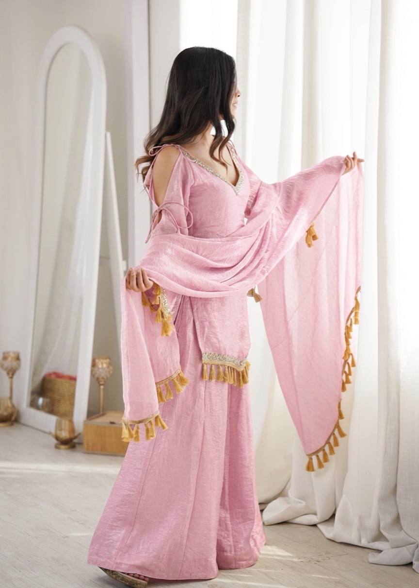 Baby Pink Doremon Crush Mirror Work Kurta Palazzo Set