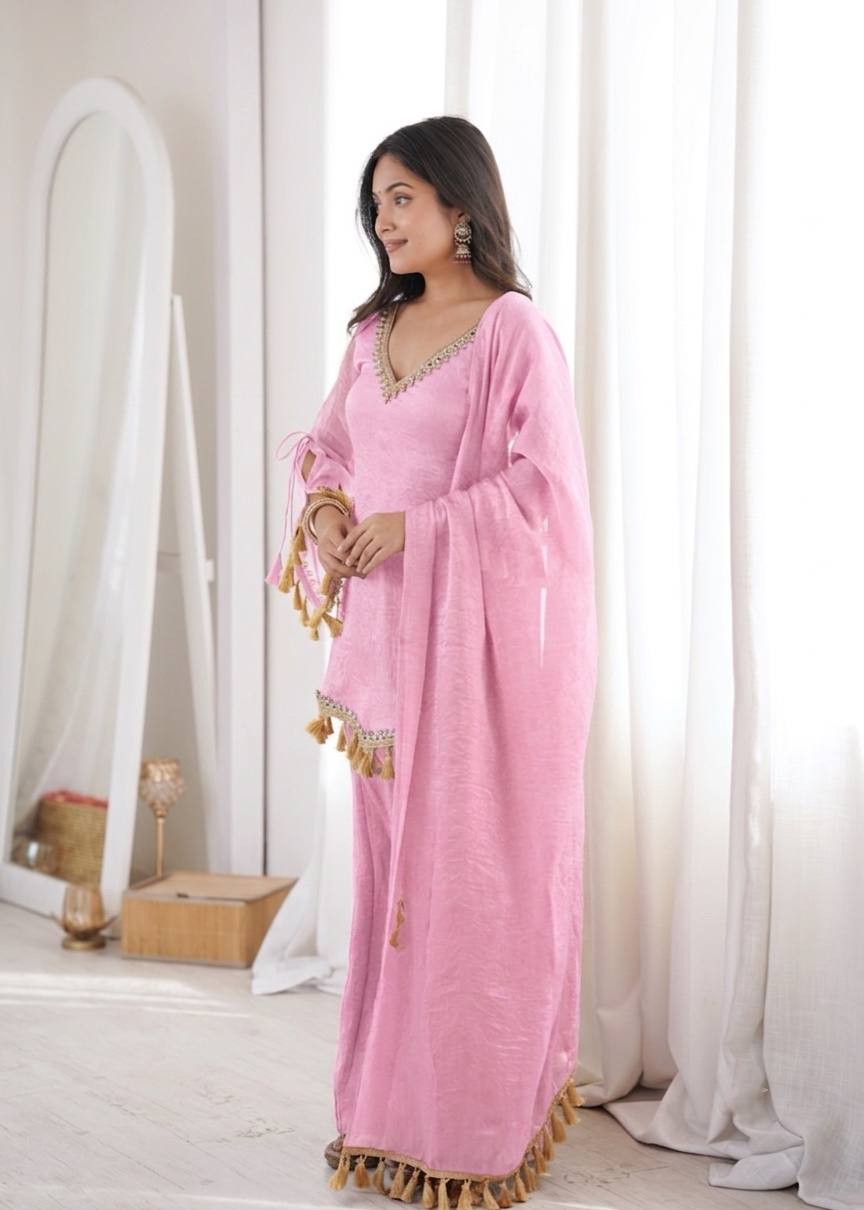 Baby Pink Doremon Crush Mirror Work Kurta Palazzo Set