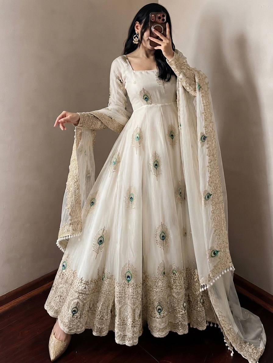 Off-White Fendy Silk Sequin Embroidered Anarkali suit Set With Dupatta