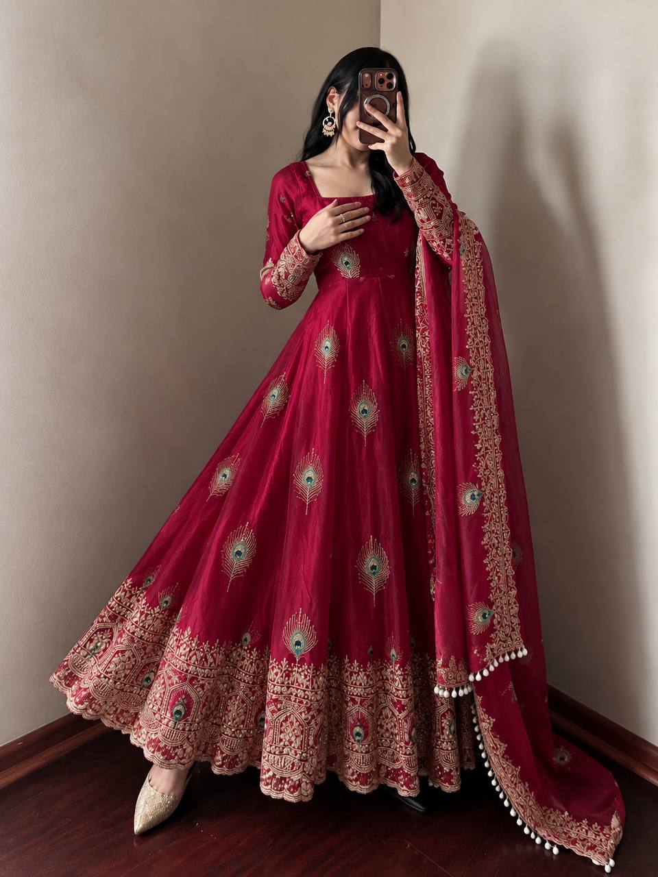 Rani Pink Fendy Silk Sequin Embroidered Gown Set