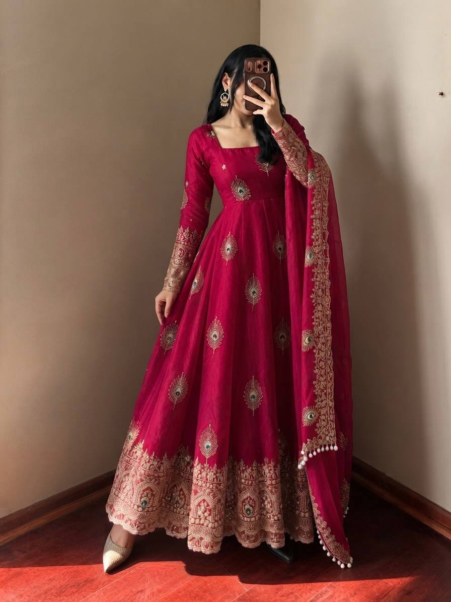 Rani Pink Fendy Silk Sequin Embroidered Gown Set