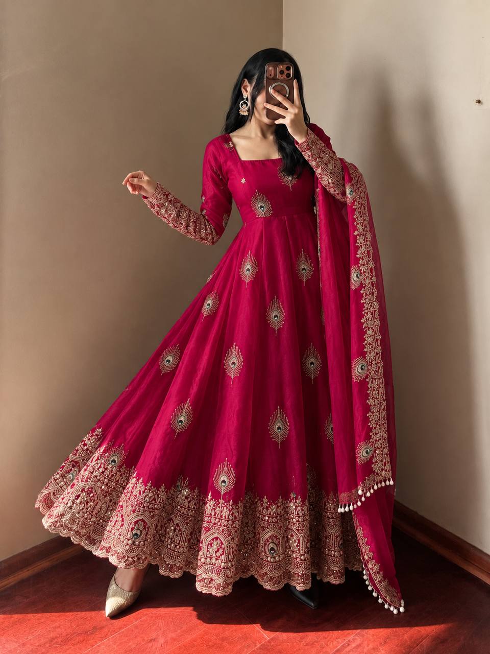 Rani Pink Fendy Silk Sequin Embroidered Gown Set