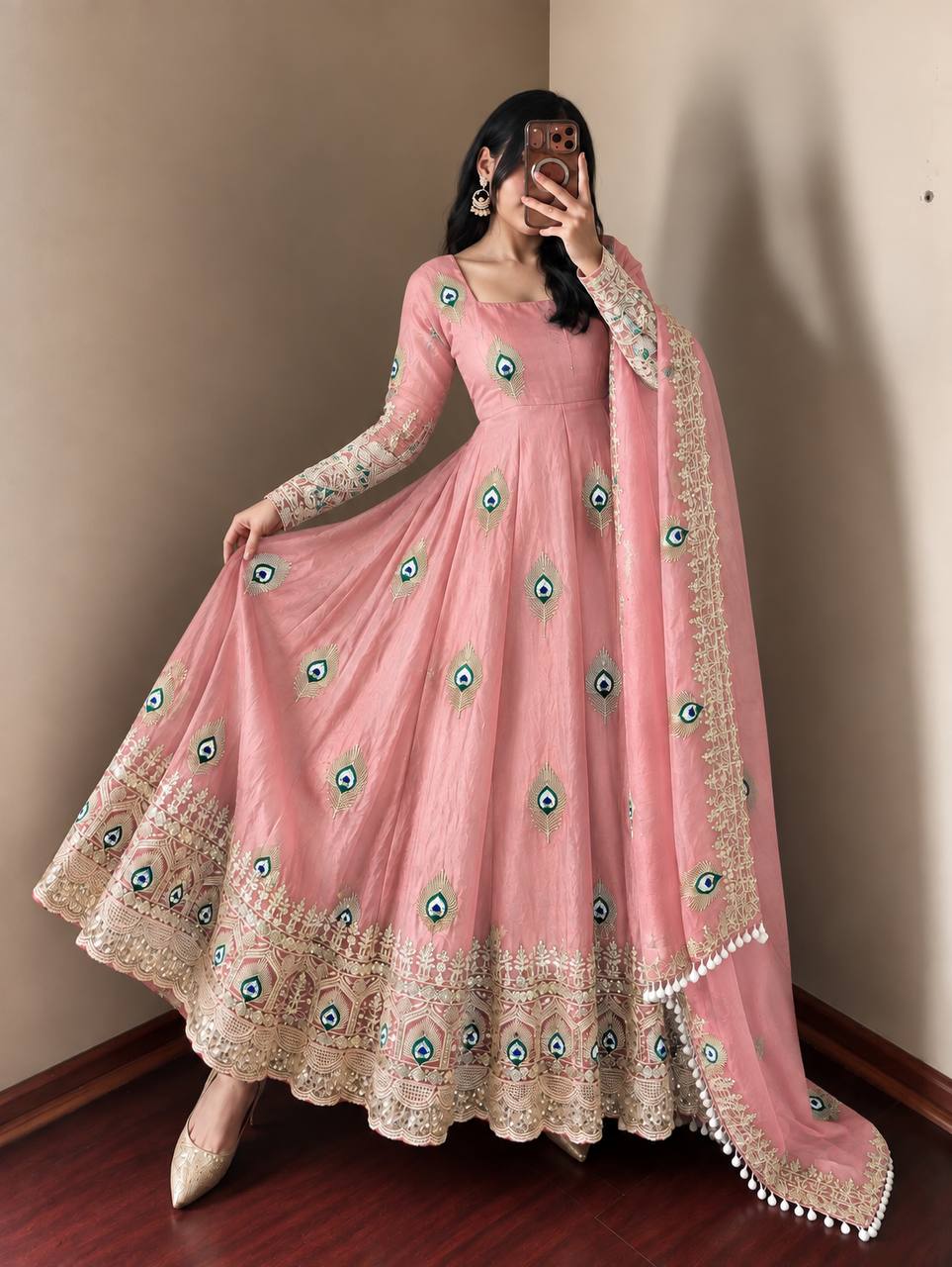 Baby Pink Fendy Silk Peacock Motif Embroidered Anarkali Gown With Dupatta