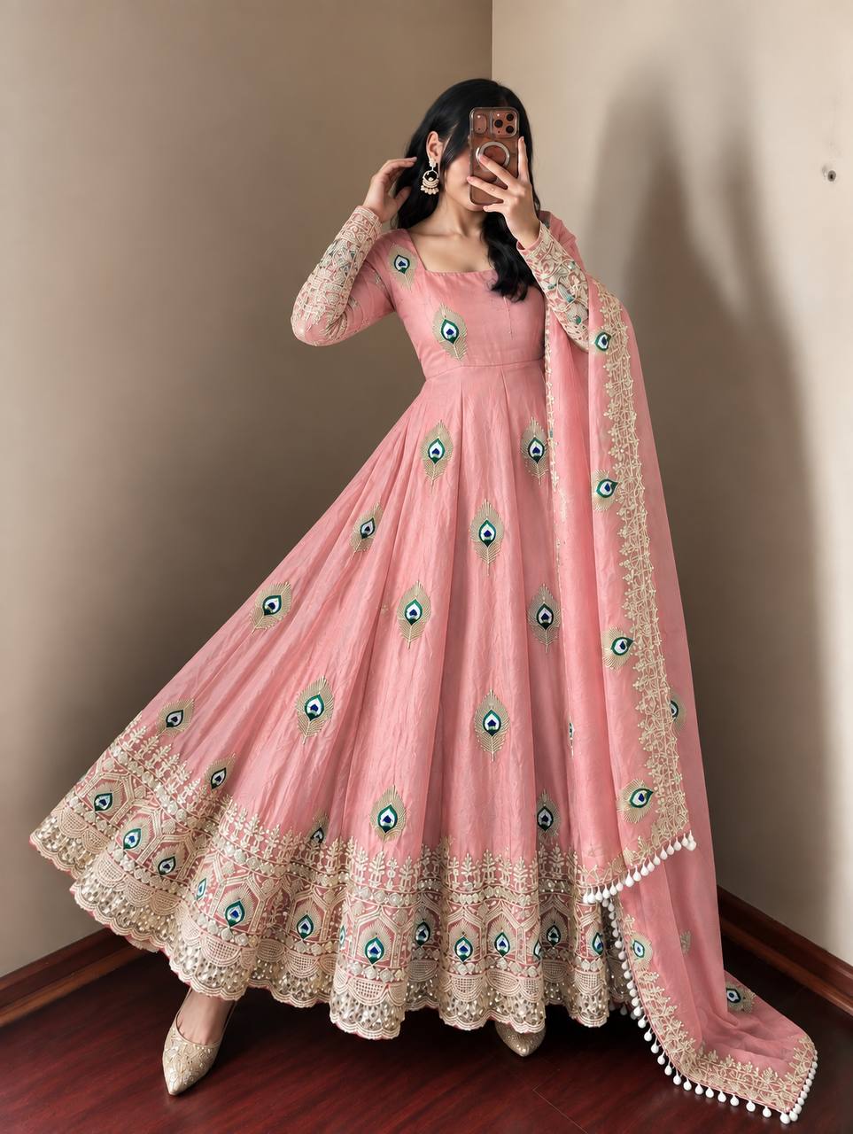 Baby Pink Fendy Silk Peacock Motif Embroidered Anarkali Gown With Dupatta